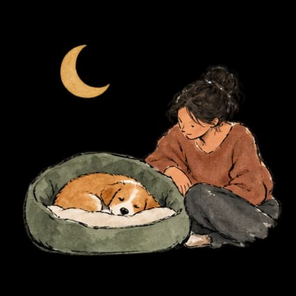 A person sitting beside a sleeping puppy in an open bed, with a crescent moon above.