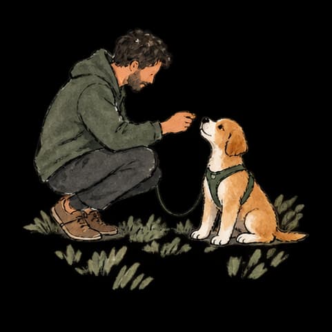 A person rewarding a harnessed puppy on a patch of grass.